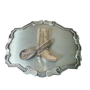 Vintage Western Cowboy Boot Belt Buckle Lasoo Pewter Silver Raintree USA 1978